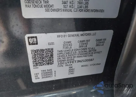 2022 Chevrolet Silverado 1500 Ltd 4Wd Short Bed Lt Trail Boss z USA, uszkodzony, nr VIN 1GCUYFET3NZ130597